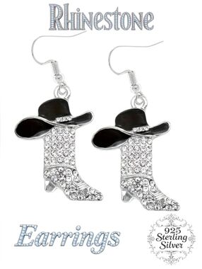 925 Sterling Silver Cowboy Boot & Hat Drop Earrings - Black/Silver